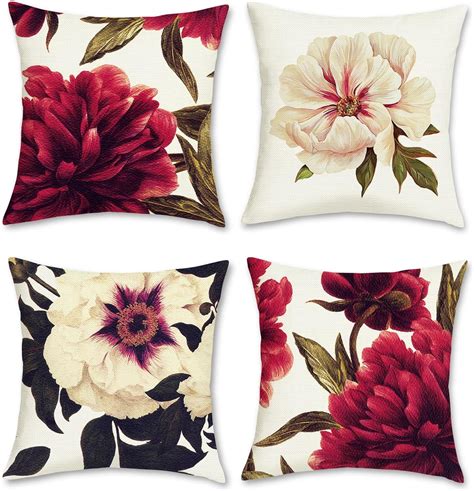 Bonhause Peony Flower Throw Pillow Covers X Inch Red And White