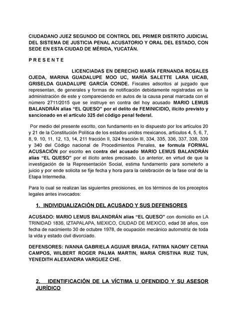 Escrito De Acusación Etapa Intermedia Ciudadano Juez Segundo De