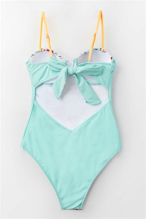 Mint Blue Floral One Piece Swimsuit With Moulded Cups