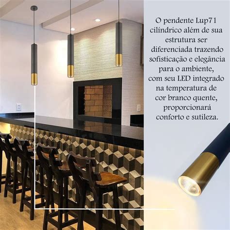 Pendente Cil Ndrico Led K Preto Detalhe Dourado Lup Madeiramadeira