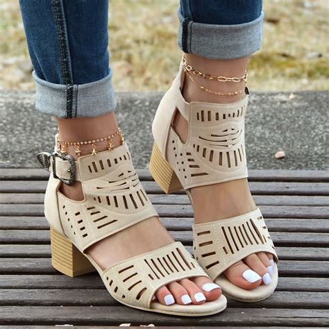 Women S Out High Heels Peep Toe Buckle Strap Block Heels Back Zipper