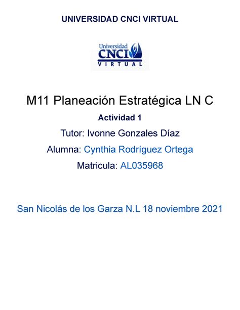 Act 1 planeacion estrategica UNIVERSIDAD CNCI VIRTUAL M11 Planeación