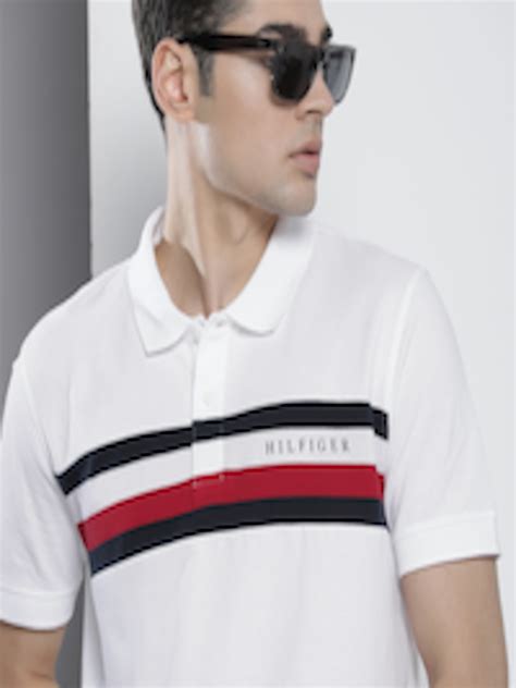 Buy Tommy Hilfiger Men White And Red Striped Polo Collar Organic Cotton T