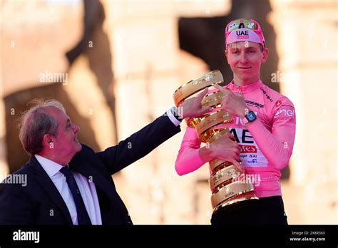 Pogacar Tadej Team Uae Emirates Pink Jersey On The Podium With The