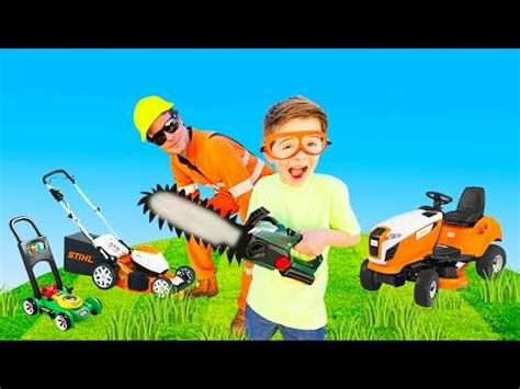 Truck Tow Trailer with Ride on lawn mower | helicopter rescue blippi toys | min min playtime ...