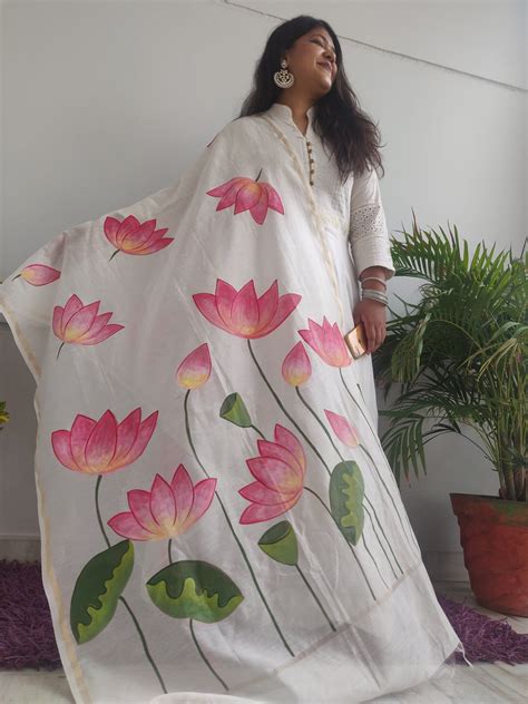 Hand Painted Lotus Dupatta Mtr White Maheshwari Artofit