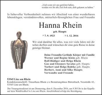 Traueranzeigen Von Hanna Rhein Rz Trauer De