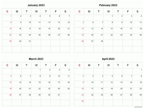 January To April 2023 Printable Calendar Four Months Per Page