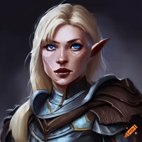 Fierce Half Elf Blonde Female In Paladin Armor Dnd Blue Eyes In Battle On Craiyon