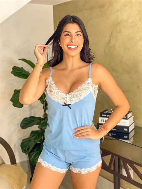 Pijama Renda Larga Azul Celeste Algodão Nayara Araújo Pijamas