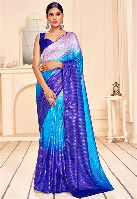 Buy Sequinned Art Silk Saree In Blue Ombre Online Spf1820 Utsav Fashion