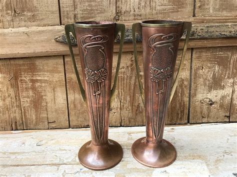 Pair Copper Beldray Art Nouveau Vases With Brass Handles Etsy