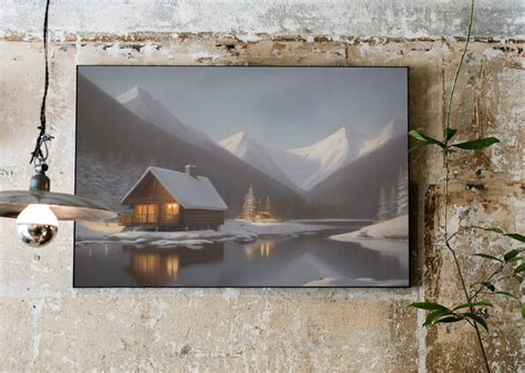 Twilight Mountain Cabin Art Print Snowy Peaks Forest Reflection Cozy