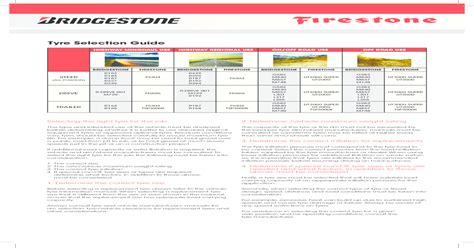 Tyre Selection Guide Bridgestone Tyre Selection Guide Selecting The