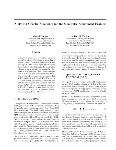 Pdf A Hybrid Genetic Algorithm For The Quadratic Assignment Problem