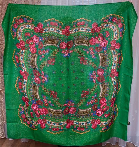 Sale Vintage Ukrainian Shawl Green Floral Wool With Lurex Shawl