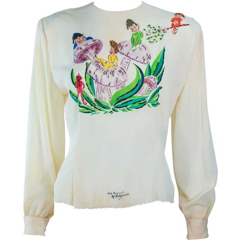 Art Originals Of California Hand Painted Silk Ivory Blouse Fairies On