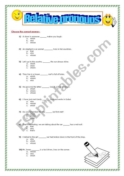 English Worksheets Relative Pronouns