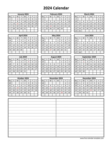 2024 Printable Yearly Calendar With Notes Erna Odette