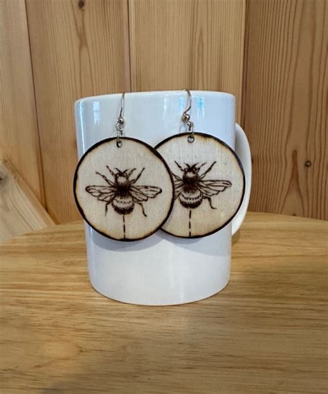 Earrings Wood Burned Designed Bumblebee Dangle Earrings By Artist Lisa