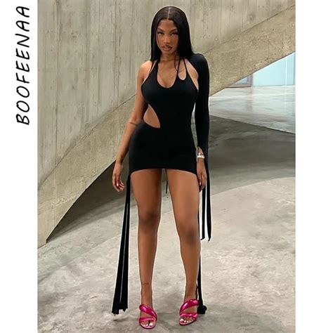 Boofeenaa Black Cutout Mini Dresses For Women Sexy Clubwear Halter