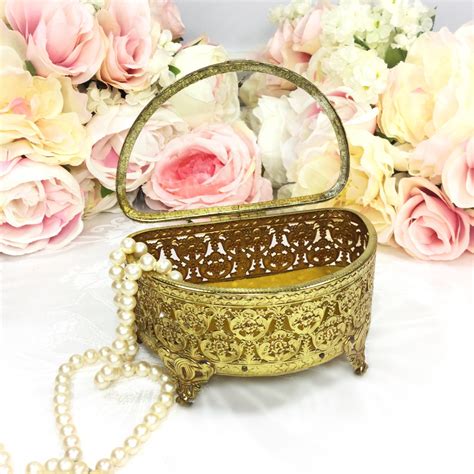 Vintage Matson Ormolu Filigree 24 Kt Gold Plated Vanity Box Beveled Glass Top Jewlery Box