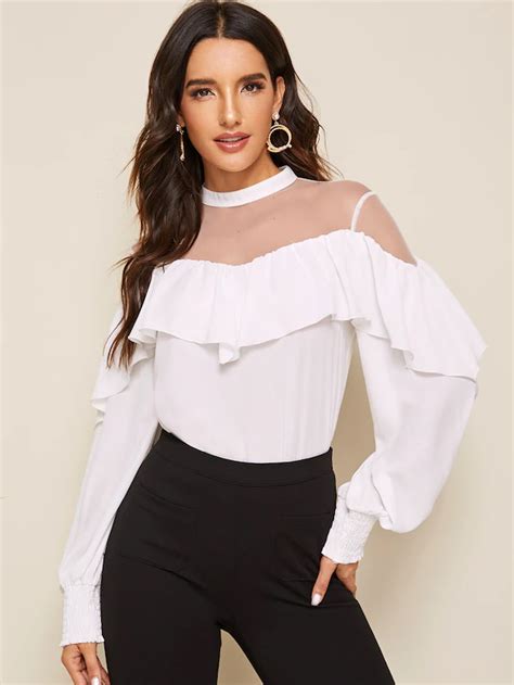 Mesh Yoke Insert Ruffle Trim Shirred Cuff Blouse Shein Belted Shirt