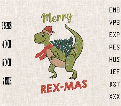 Merry Rex Mas Cute Dinosaur Christmas Embroidery By Mulew Art