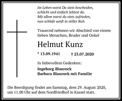 Traueranzeigen Von Helmut Kunz Trauer Hna De