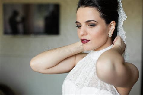 Beautiful Brunette Bride Smiling Posing In Hotel Room Closeup Stock Photo Image Of Black