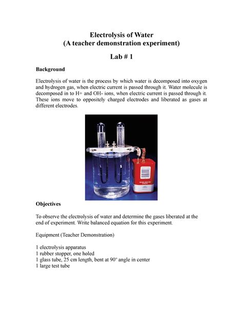 Electrolysis Lab Electrolysis Of Water A Teacher Demonstration Experiment Lab 1