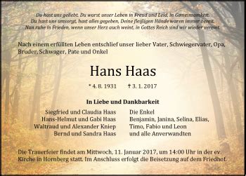 Traueranzeigen von Hans Haas Schwarzwälder Bote Trauer