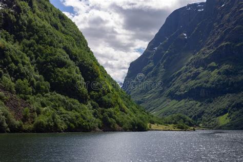 Beautiful Landscape Of Narrow Fjord And A Lake In Aurland Municipality