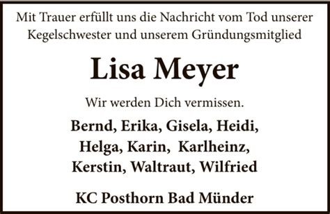 Traueranzeigen Von Nachruf Lisa Meyer Trauerportal Ihrer Tageszeitung