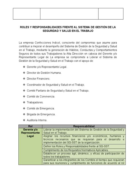 Roles Y Responsabilidades Frente Al Sistema De Gestión De La Seguridad