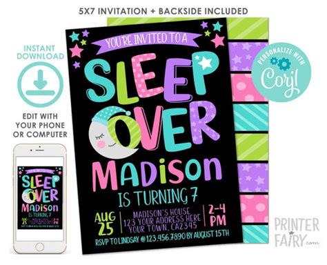 Sleepover Birthday Invitation Editable Pajama Party Invitation