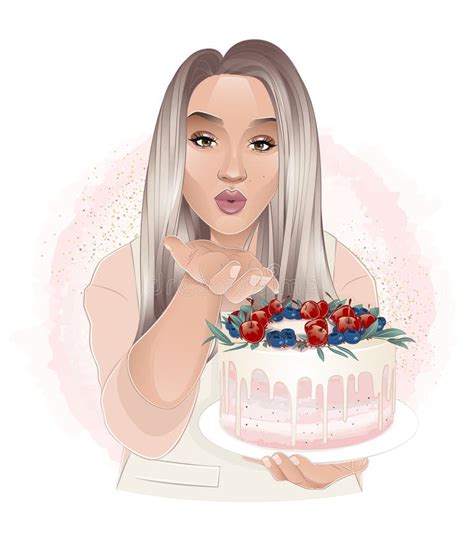 Pastry Blonde Girl Holding Cake In Her Hand Stock Vector Illustration
