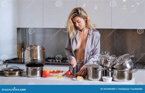 Kitchen Housewife Cooking At Kitchen Sensual Woman Prepared Food In The Morning With Cooking