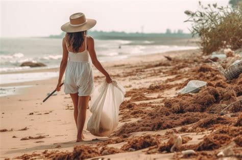 Woman Collecting Seaweed And Picking Up Trash From The Beach Extreme