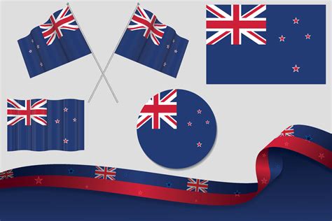 Set Of New Zealand Flags In Different Designs Icon Flaying Flags With