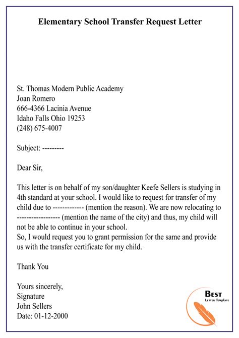 Transfer Letter Template For School Format Sample And Example