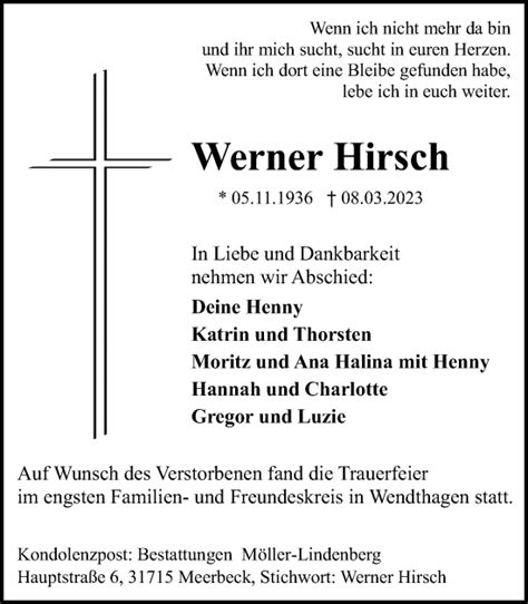 Traueranzeigen Von Werner Hirsch Trauer Anzeigen De