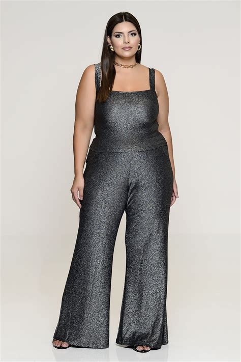 Conjunto Plus Size Cropped E Pantalona Em Lurex Vk Moda Plus Size