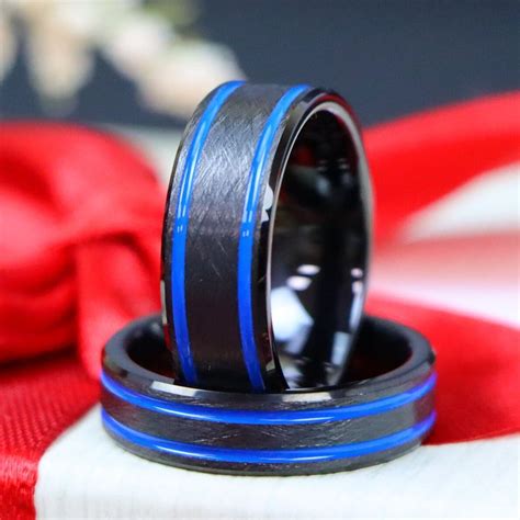 Blue Grooves Center Double Line Bands Matching Unisex Wedding Rings Black Tungsten Couple