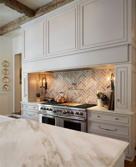 Traditional Off-White Kitchen with Brick Backsplash - Home Bunch ...