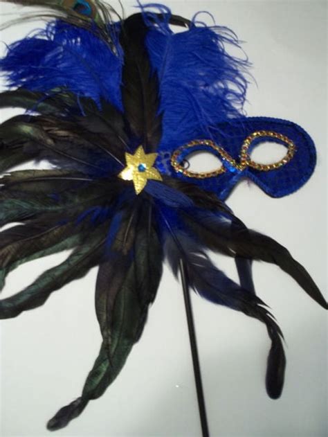 Royal Blue Feather Masquerade Ball Decor Mardi Gras Party Stick Mask