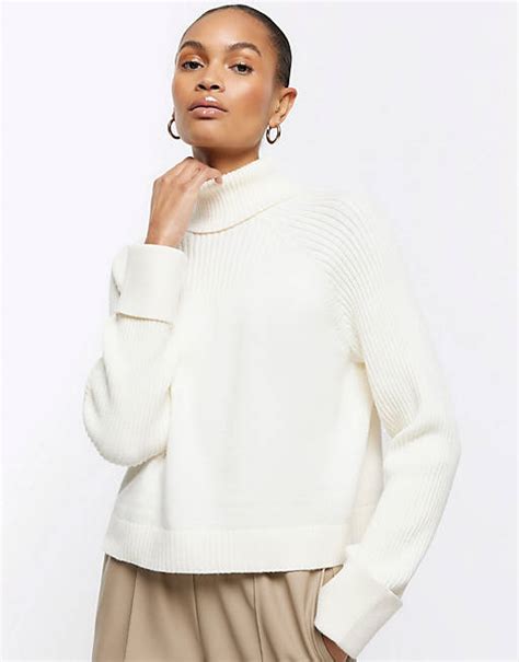 River Island Rib Roll Neck Jumper In Cream Asos