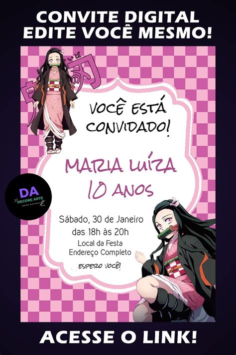 Convite Aniversário Demon Slayer Nezuko Kamado Convite Digital Para