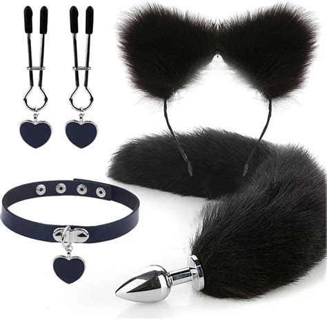 Anal Sex Toys Fox Tail Butt Plug Sexy Plush Cat Ear Headband With Bells Necklace Set