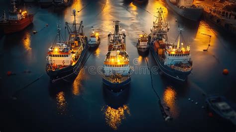 Aerial View Of Harbor Filled With Fishing Trawlers Vessels And Boats